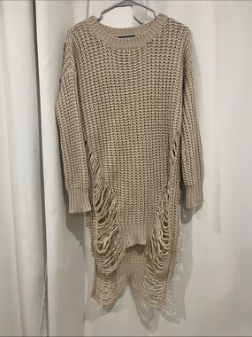 Fashion Nova Chunky Fringe Crewneck Sweater - Beige